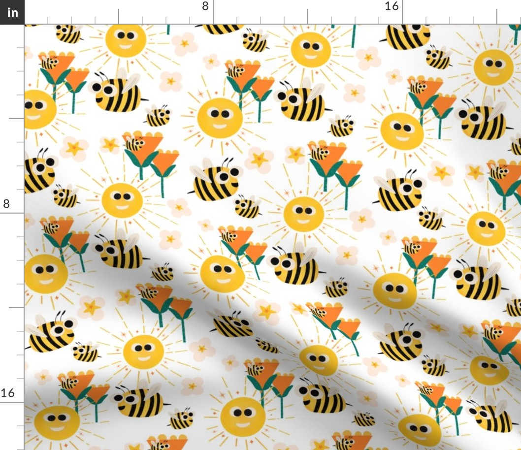 Happy bees and sunshine white - Kids Nursery Illustration Kawaii Cute Bugs 