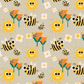 Happy bees and sunshine pearl - Kids Nursery Illustration Kawaii Cute Bugs 