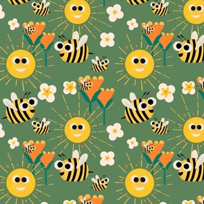 Happy bees and sunshine green  - Kids Nursery Illustration Kawaii Cute Bugs 