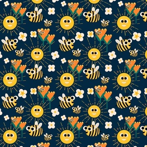 Happy bees and sunshine navy  -  Kids Nursery Illustration Kawaii Cute Bugs 
