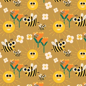 Happy bees and sunshine sunflower  - Kids Nursery Illustration Kawaii Cute Bugs 