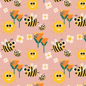 Happy bees and sunshine pink  - Kids Nursery Illustration Kawaii Cute Bugs 