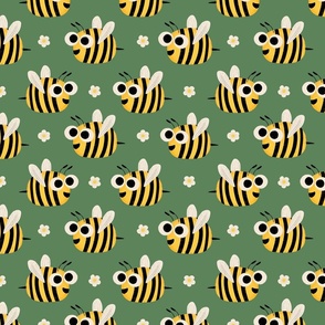 Happy bees green  - Kids Nursery Illustration Kawaii Cute Bugs 