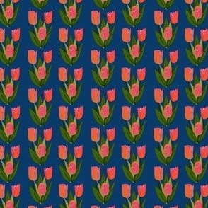 Neon Pink Tulips Dark Navy Blue Multi Color Spring Floral Small Scale