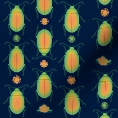 Iridescent Illustrated Hand Drawn Beetles Polka Dots Flowers on Navy