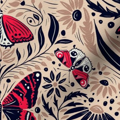 LARGE SCALE butterflies and daisies | neon red, nude brown 