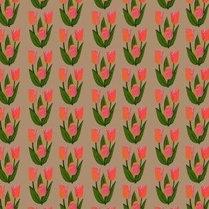 Neon Pink Tulips Neutral Tan Multi Color Spring Floral Small Scale 