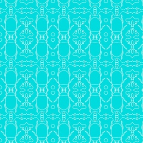 Hand Drawn Beetle Pattern White on Bright Turquoise Outline Line Art