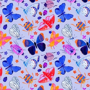 Bright watercolor bugs, butterflies, beetles - pale purple periwinkle background - small scale