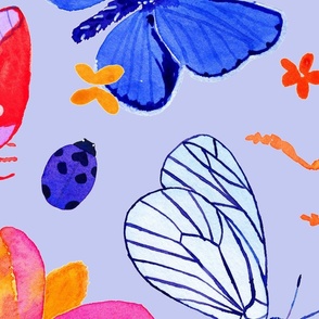 Bright watercolor bugs, butterflies, beetles - pale purple periwinkle background - jumbo scale