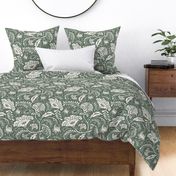 Farida - Indian Block Print Floral Moss Green Ivory Large Scale