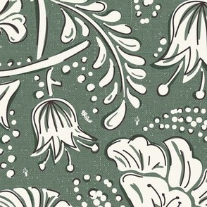 Farida - Indian Block Print Floral Moss Green Ivory Large Scale