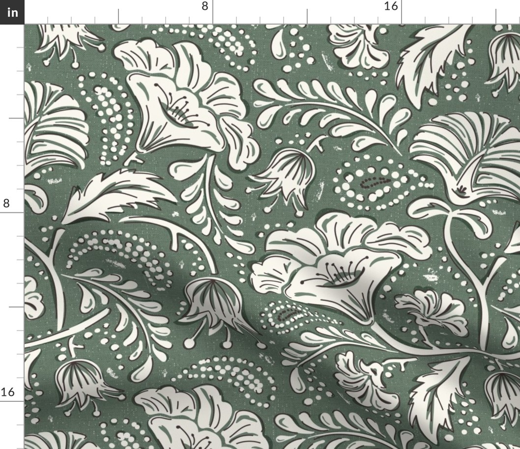 Farida - Indian Block Print Floral Moss Green Ivory Large Scale