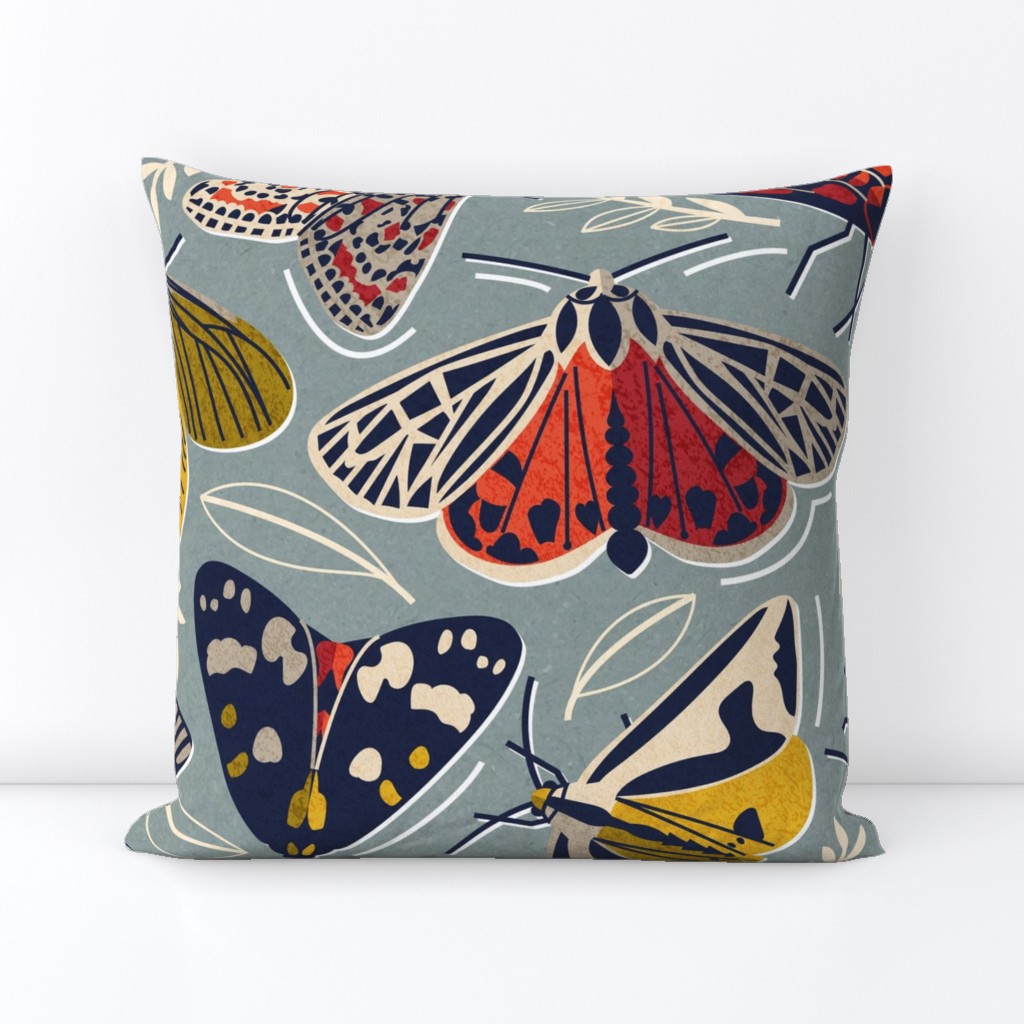 Large jumbo scale // Quirky beautiful moths // morning blue textured background oxford navy blue ivory yellow and red tiger moth insects