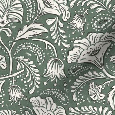 Farida - Indian Block Print Floral Moss Green Ivory Regular Scale