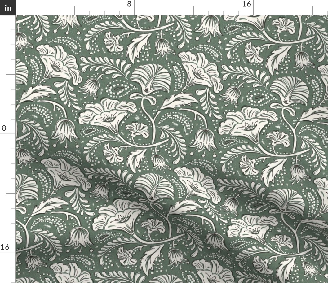 Farida - Indian Block Print Floral Moss Green Ivory Regular Scale