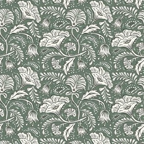 Farida - Indian Block Print Floral Moss Green Ivory Small Scale