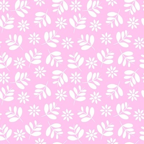 Boho Floral Pattern No.1 White Leaves And Daisies In Silhouette On Pink