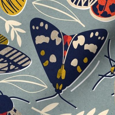Quirky beautiful moths // normal scale // morning blue textured background oxford navy blue ivory yellow and red tiger moth insects