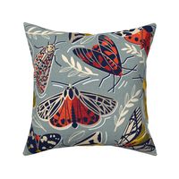 Quirky beautiful moths // normal scale // morning blue textured background oxford navy blue ivory yellow and red tiger moth insects