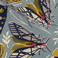 Quirky beautiful moths // normal scale // morning blue textured background oxford navy blue ivory yellow and red tiger moth insects