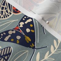 Small scale // Quirky beautiful moths // morning blue textured background oxford navy blue ivory yellow and red tiger moth insects