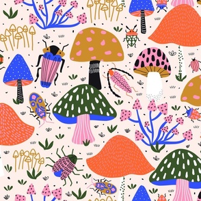 Doodle Bugs Between Different Type of Mushrooms, Insects and Funghi Red Green Blue Pink on Off-White - Medium