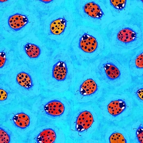 Crayon Drawn Colorful Ladybugs  on blue turquoise