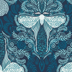 Luna Moon Moth Damask in Blues - XL