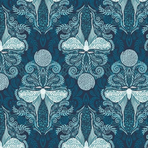 Luna Moon Moth Damask in Blues - Large