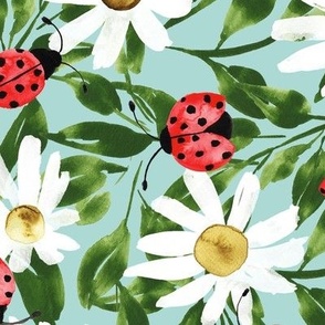 Watercolor Ladybugs over Daisies and Greenery in Blue Background