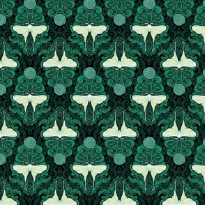 Luna Moon Moth Damask in Green on Black