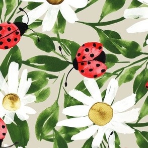Watercolor Ladybugs over Daisies and Greenery in Beige Background