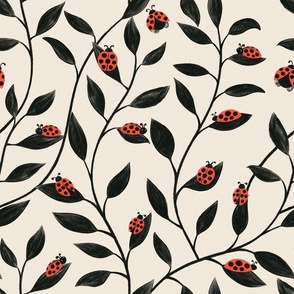 Doodle Ladybugs Hand Drawn Bugs and Leaves Black Cream Red