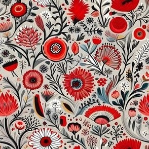 Red Contemporary Floral on  Gray