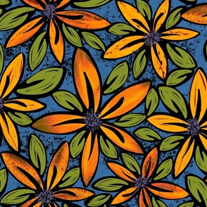 Jean’s Flowers // Orange and Green on Blue