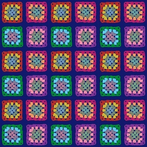 Colorful Crochet Granny Squares Pattern No.1 On Dark Blue