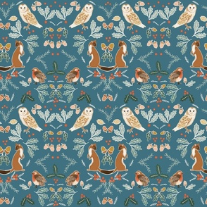 Woodland wonderland dark teal blue | stoat robin barn owl | Christmas winter Mirrored pattern | medium scale 