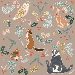 Watercolour woodland animals | taupe | stoat badger barn owl hare Robin | 8inch repeat 
