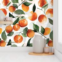 14" Fresh orange lemonade - colorful summer watercolor orange and green fruit dance - nostalgic naive hand painted orange fruit and leaves home decor on white double layer,  Baby Girl and nursery fabric perfect for kidsroom wallpaper, home decor, kids roo