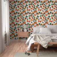 14" Fresh orange lemonade - colorful summer watercolor orange and green fruit dance - nostalgic naive hand painted orange fruit and leaves home decor on white double layer,  Baby Girl and nursery fabric perfect for kidsroom wallpaper, home decor, kids roo