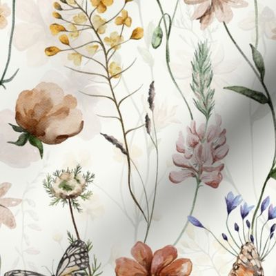 18" A beautiful cute Dried Pressed Wildflowers Meadow flower garden with wildflower and grasses and insects on white background- for home decor Baby Girl and nursery  fabric perfect for kidsroom wallpaper,kids room  