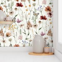 18" A beautiful cute Dried Pressed Wildflowers Meadow flower garden with wildflower and grasses and insects on white background- for home decor Baby Girl and nursery  fabric perfect for kidsroom wallpaper,kids room  