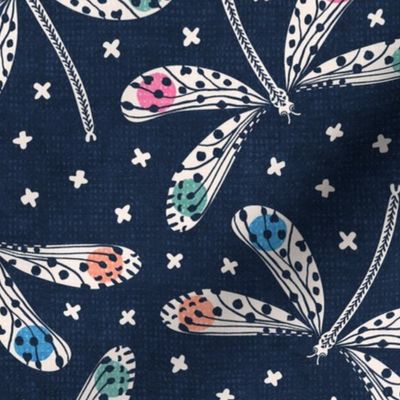 Damselfly Dance, multi on navy (Jumbo)