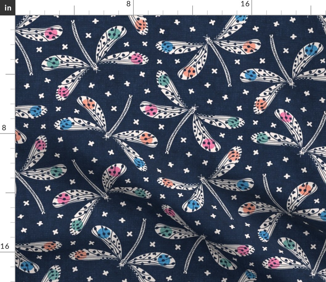 Damselfly Dance, multi on navy (Jumbo)