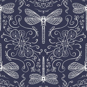 dragonfly doodle lineart  geometrical folk  denim navy blue white - medium 