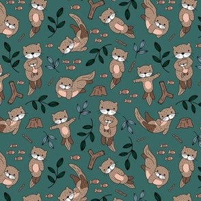 Wild woodland animals - cute river otters with wooden branches leaves and fish blue orange pine green on sea foam