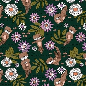 Colorful otter garden - wild flowers river bed leaves and fish kids design olive green teal orange purple fuchsia pink