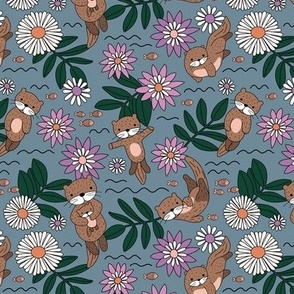 Colorful otter garden - wild flowers river bed leaves and fish kids design fuchsia pink brown orange pine green on moody blue