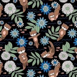 Colorful otter garden - wild flowers river bed leaves and fish kids design mint blue brown on black